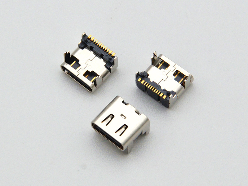 Type-C 16-pin female socket, board-mounted with four-legged insert and pillars, 8.0mm length, 3.18mm pitch, and a 1.60mm standoff height